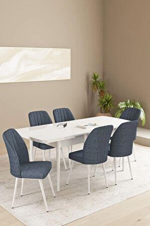 Daisy Beyaz Mermer Desen 80x132 Açılabilir MDF Mutfak Masa Takımı 6 Sandalye