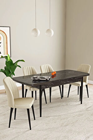 Daisy Siyah Mermer Desen 80x132 Açılabilir MDF Mutfak Masa Takımı 6 Sandalye