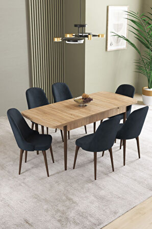 Ikon Meşe Desen 80x132 Açılabilir Mdf Masa Yemek Odası Takımı, Mutfak Takımı 6 Adet Sandalye