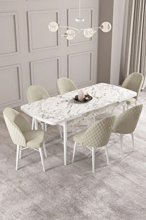 Ikon Beyaz Mermer Desen 80x132 MDF Açılabilir Mutfak Masası Takımı 6  Sandalye
