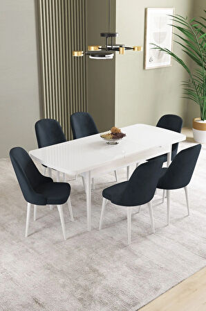 Ikon Beyaz 80x132 MDF Açılabilir Yemek Masası Takımı 6  Sandalye