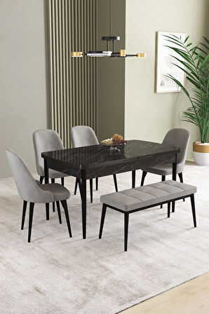 Ikon Siyah Mermer Desen 80x132 MDF Açılabilir Mutfak Masası Takımı 6  Sandalye
