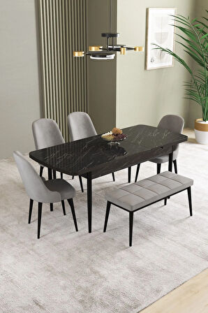 Ikon Siyah Mermer Desen 80x132 MDF Açılabilir Mutfak Masası Takımı 6  Sandalye