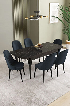 Ikon Siyah Mermer Desen 80x132 MDF Açılabilir Yemek Masası Takımı 6  Sandalye