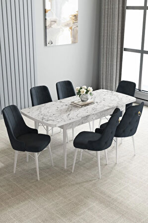Jusie Beyaz Mermer Desen 80x132 Açılabilir Yemek Odası Takımı 6  Sandalye