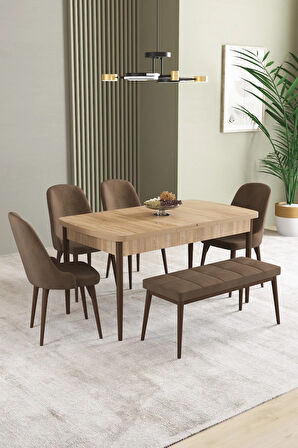 Jusie Meşe Desen 80x132 Açılabilir Mutfak Masası Takımı 6  Sandalye