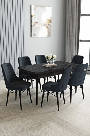 Jusie Siyah Mermer Desen 80x132 Açılabilir Mutfak Masası Takımı 6  Sandalye