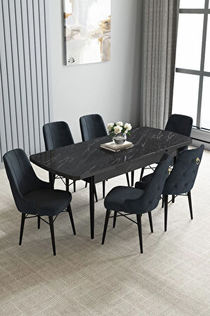 Jusie Siyah Mermer Desen 80x132 Açılabilir Mutfak Masası Takımı 6  Sandalye