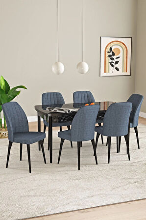 Laris Siyah Mermer Desen 80 X 132 Açılabilir MDF Mutfak Masa Takımı 6 Sandalye