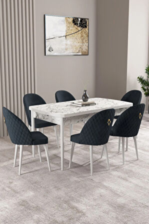 Lima Beyaz Mermer Desen 80x132 MDF Açılabilir Yemek Masası Takımı 6  Sandalye