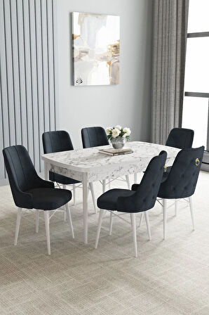 Jusie Beyaz Mermer Desen 80x132 Açılabilir Mutfak Masası Takımı 6  Sandalye