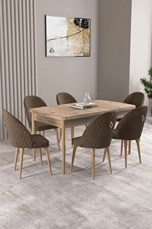 Mabel Beyaz Desen 80x132 MDF Açılabilir Mutfak Masası Takımı 6  Sandalye