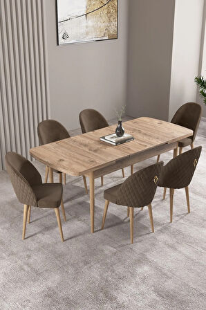Mabel Beyaz Desen 80x132 MDF Açılabilir Mutfak Masası Takımı 6  Sandalye