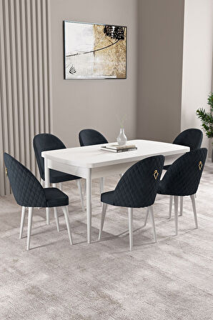 Milas Beyaz 80x132 Açılabilir Mdf Masa Yemek Odası Takımı, Mutfak Takımı 6 Adet Sandalye
