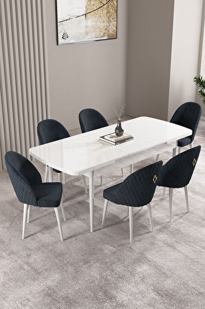 Milas Beyaz 80x132 Açılabilir Mdf Masa Yemek Odası Takımı, Mutfak Takımı 6 Adet Sandalye