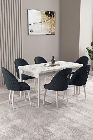 Milas Beyaz Mermer Desen 80x132 MDF Açılabilir Yemek Masası Takımı 6  Sandalye