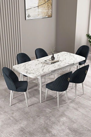 Milas Beyaz Mermer Desen 80x132 MDF Açılabilir Yemek Masası Takımı 6  Sandalye