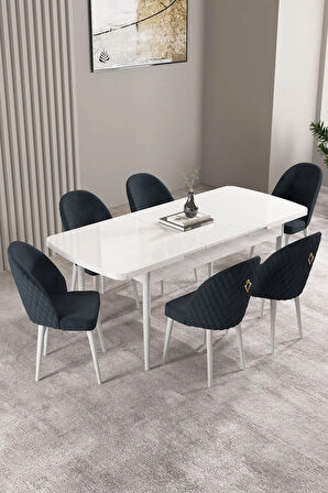 Milas Beyaz 80x132 MDF Açılabilir Yemek Masası Takımı 6  Sandalye