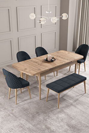 Calvin Atlantik 80x132 Açılabilir Mdf Masa Yemek Odası Takımı, Mutfak Takımı 4 Sandalye, 1 Bench