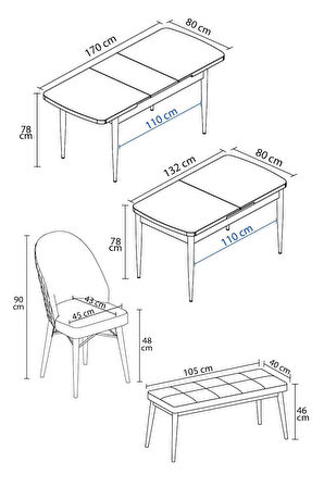 Calvin Atlantik 80x132 Açılabilir Mdf Masa Yemek Odası Takımı, Mutfak Takımı 4 Sandalye, 1 Bench