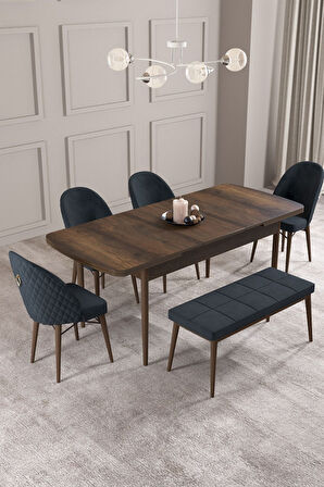 Calvin Barok 80x132 Açılabilir Mdf Masa Yemek Odası Takımı, Mutfak Takımı 4 Sandalye, 1 Bench