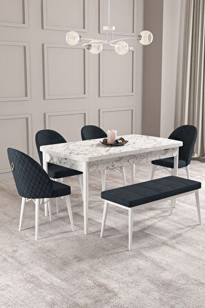 Calvin Beyaz Mermer 80x132 Açılabilir Mdf Masa Yemek Odası Takımı, Mutfak Takımı 4 Sandalye, 1 Bnch 
