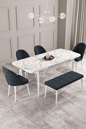 Calvin Beyaz Mermer 80x132 Açılabilir Mdf Masa Yemek Odası Takımı, Mutfak Takımı 4 Sandalye, 1 Bnch 