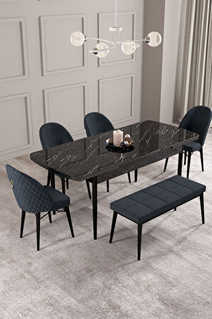 Calvin Siyah Mermer 80x132 Açılabilir Mdf Masa Yemek Odası Takımı, Mutfak Takımı 4 Adet Sandalye, 1 