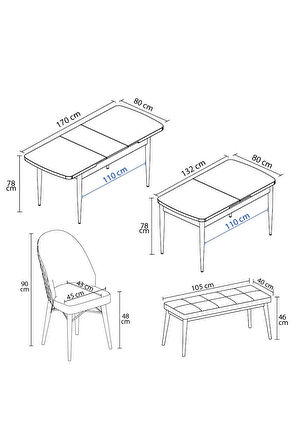 Clara Barok Desen 80x132 Açılabilir Yemek Odası Takımı 4 Sandalye, 1 Bench