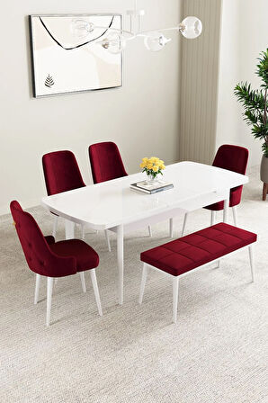 Clara Beyaz 80x132 Açılabilir Yemek Odası Takımı 4 Sandalye, 1 Bench
