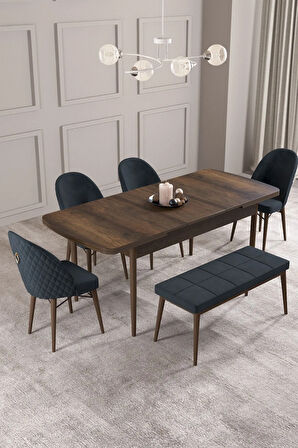 Calvin Barok Desen 80x132 MDF Açılabilir Mutfak Masası Takımı 4 Sandalye, 1 Bench