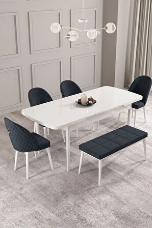 Calvin Beyaz 80x132 MDF Açılabilir Mutfak Masası Takımı 4 Sandalye, 1 Bench