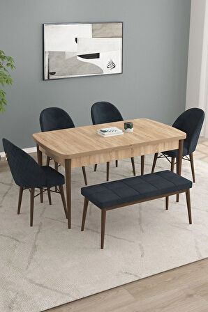 Calvin Meşe Desen 80x132 MDF Açılabilir Mutfak Masası Takımı 4 Sandalye, 1 Bench
