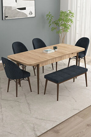 Calvin Meşe Desen 80x132 MDF Açılabilir Mutfak Masası Takımı 4 Sandalye, 1 Bench