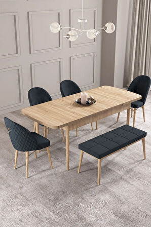 Calvin Meşe Desen 80x132 MDF Açılabilir Mutfak Masası Takımı 4 Sandalye, 1 Bench