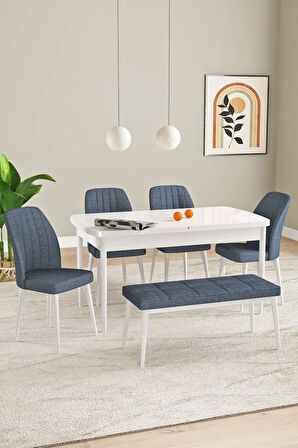 Elis Beyaz Mermer Desen 80x132 Açılabilir Masa Takımı 4 Sandalye, 1 Bench
