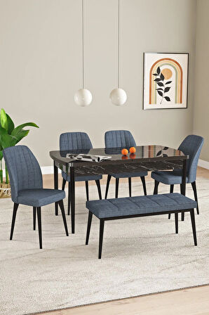 Elis Siyah Mermer Desen 80x132 Açılabilir Masa Takımı 4 Sandalye, 1 Bench