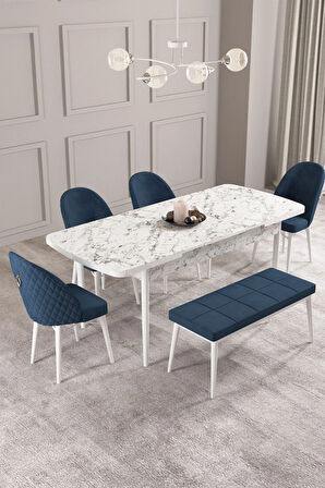 Elis Siyah Mermer Desen 80x132 Açılabilir Yemek Odası Takımı 4 Sandalye, 1 Bench