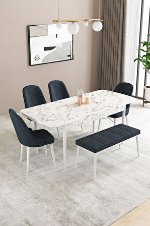 Fonza Beyaz Mermer Desen MDF 80x132 MDF Açılabilir Mutfak Masası Takımı 4 Sandalye , 1 Bench