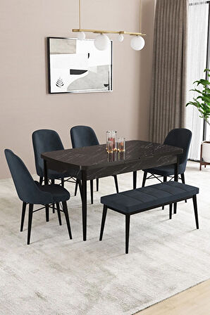Fonza Siyah Mermer Desen 80x132 MDF Açılabilir Mutfak Masası Takımı 4 Sandalye , 1 Bench