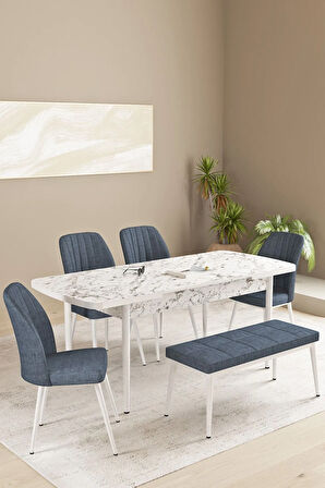 Floryn Beyaz Mermer Desen 80 X 132 Benchli Açılabilir MDF Mutfak Masa Takımı 4 Sandalye