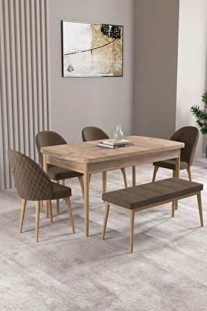 Floryn Meşe Desen 80 X 132 Benchli Açılabilir MDF Mutfak Masa Takımı 4 Sandalye