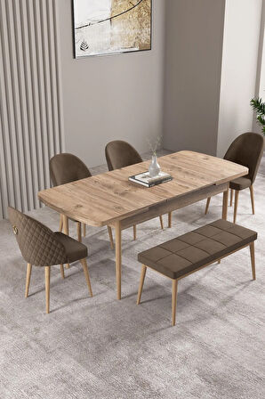 Floryn Meşe Desen 80 X 132 Benchli Açılabilir MDF Mutfak Masa Takımı 4 Sandalye