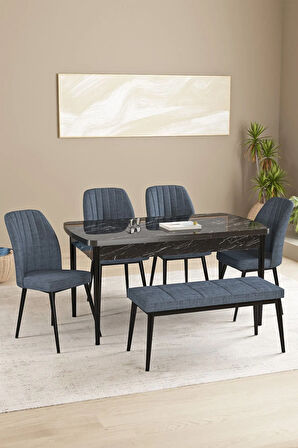 Floryn Siyah Mermer Desen 80 X 132 Benchli Açılabilir MDF Mutfak Masa Takımı 4 Sandalye