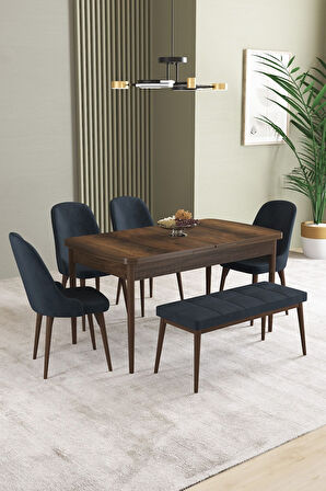 Ikon Barok Desen 80x132 Açılabilir Mdf Masa Yemek Odası Takımı, Mutfak Takımı 4 Sandalye, 1 Bench