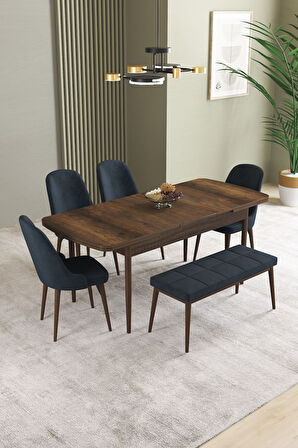 Ikon Barok Desen 80x132 Açılabilir Mdf Masa Yemek Odası Takımı, Mutfak Takımı 4 Sandalye, 1 Bench