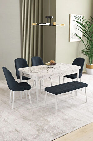 Ikon Beyaz Mermer Desen 80x132 MDF Açılabilir Yemek Masası Takımı 4 Sandalye, 1 Bench