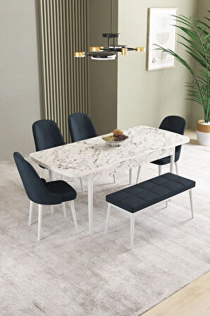 Ikon Beyaz Mermer Desen 80x132 MDF Açılabilir Yemek Masası Takımı 4 Sandalye, 1 Bench