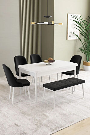 Ikon Beyaz 80x132 MDF Açılabilir Yemek Masası Takımı 4 Sandalye, 1 Bench