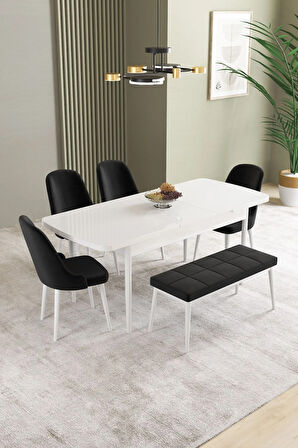 Ikon Beyaz 80x132 MDF Açılabilir Yemek Masası Takımı 4 Sandalye, 1 Bench